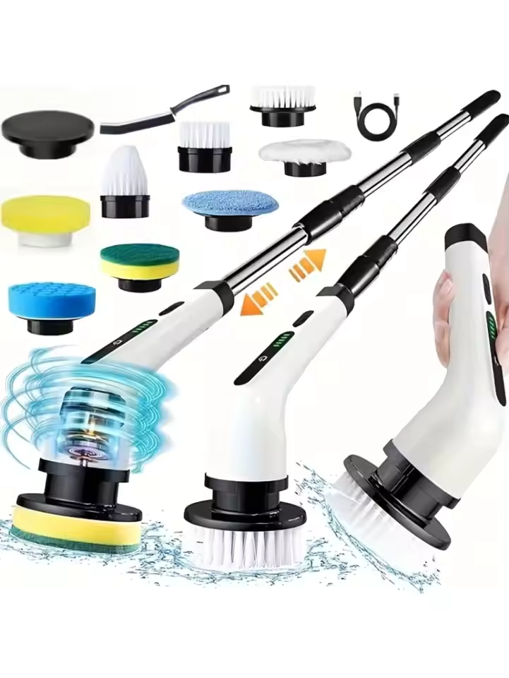 2026 Rechargeable Electric Rotating Cleaning Brush, retractable handle, dual speed, 9 heads, 2h battery. Cleans tub, tile, floor, car, practical home tool, ideal Halloween & Christmas cleanin